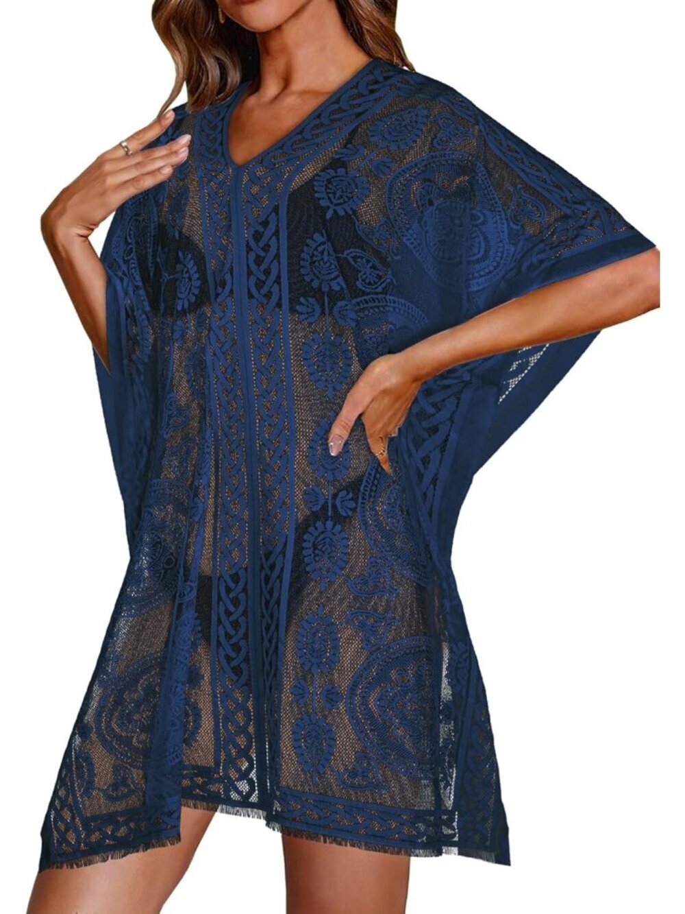 〽️Women Navy Blue V Neck Beach Loose Bikini Lace Bathing Suit Polyester Cover Up